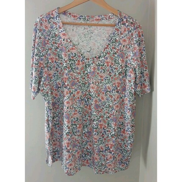 J. Jill Pima Slub Elbow Sleeve Top Plus Size 2X Pink Floral V Neck Popover - Picture 1 of 10